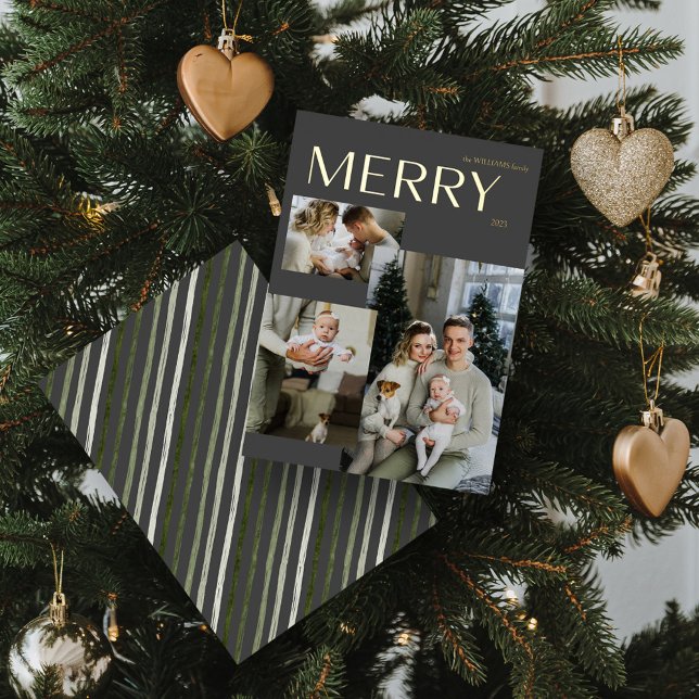 Gold Modern Merry 3 Photo Collage Grey Christmas Foil Holiday Card (Shine Bright! 'MERRY' Gold Foil Holiday Card 🌟🎄 [Add Your Photo])