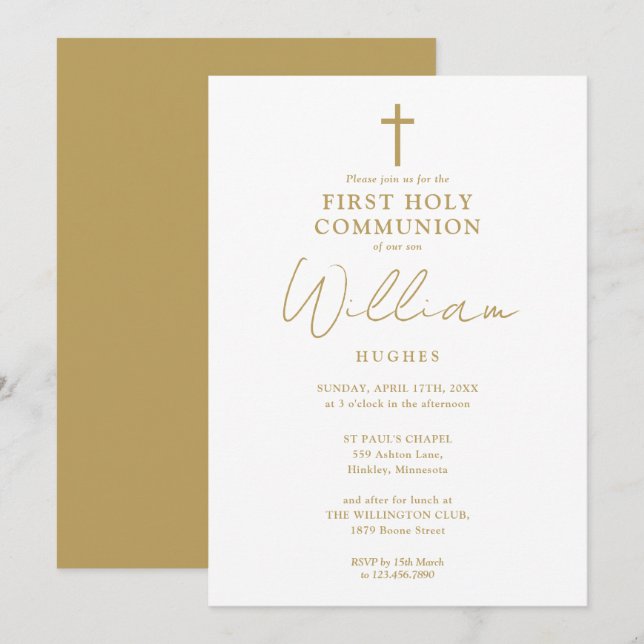 Gold Modern Minimalist First Holy Communion Invitation (Front/Back)