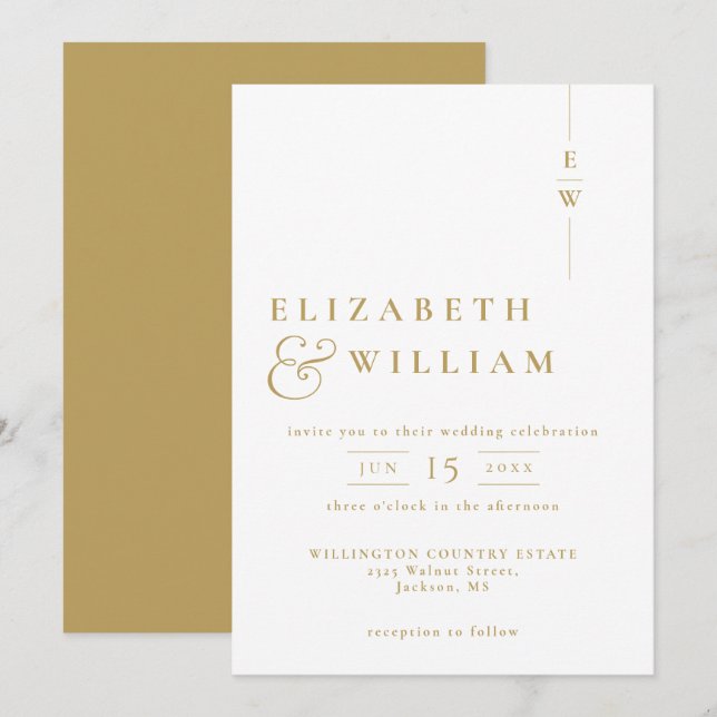 Gold Modern Minimalist Monogram Wedding Invitation (Front/Back)