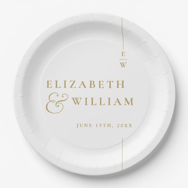 Gold Modern Minimalist Monogram Wedding Paper Plate (Front)