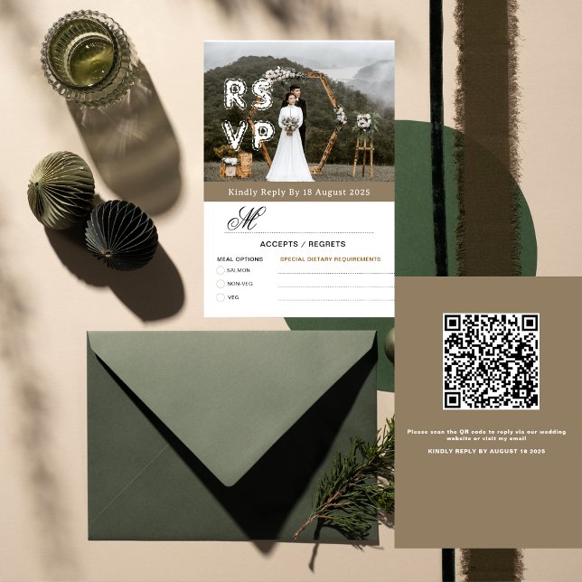 Gold Modern Minimalist Photo & QR  Wedding RSVP  Thank You Card (Creator Uploaded)