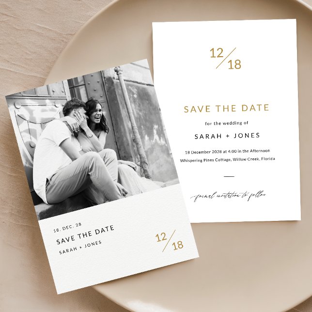 Gold Modern Minimalist Photo Wedding Save The Date Invitation (Creator Uploaded)