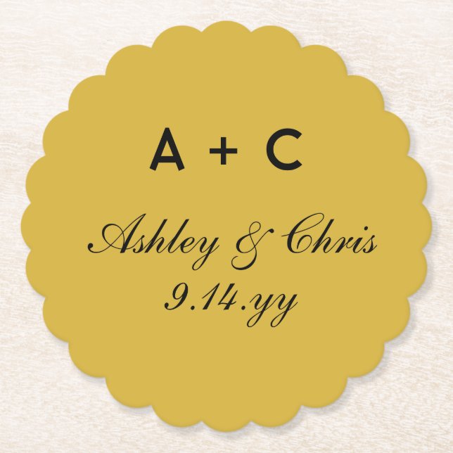 Gold Modern Personalised Wedding Reception Favour Paper Coaster (Front)