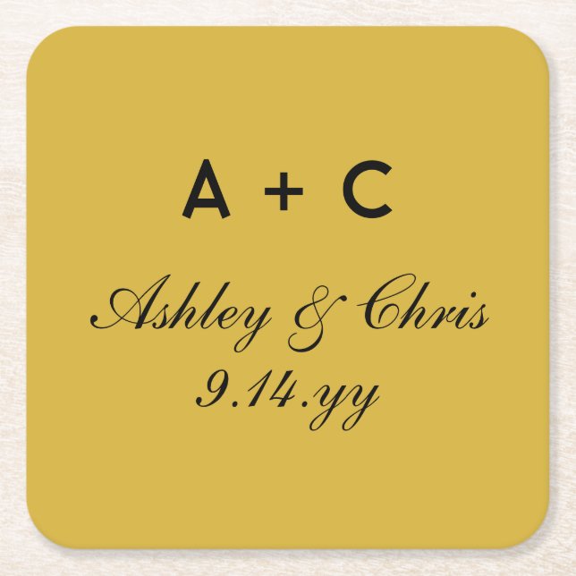 Gold Modern Personalised Wedding Reception Favour Square Paper Coaster (Front)