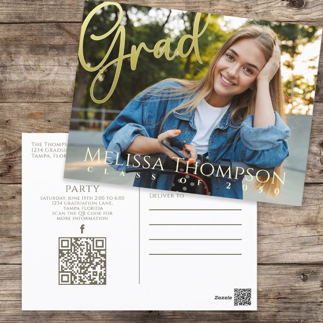 Gold Modern Photo Graduation Invitation  Postcard (Creator Uploaded)