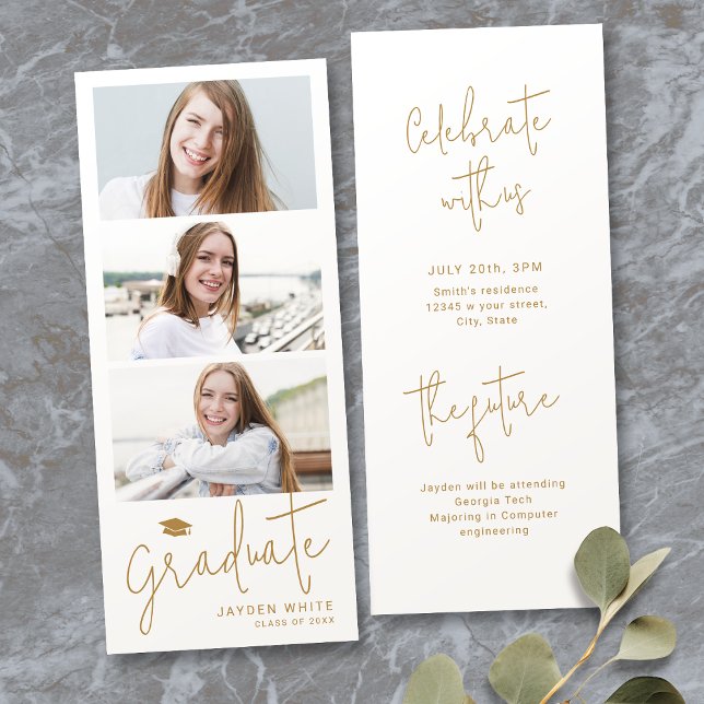 Gold Modern Script 3 Photo Graduation Announcement (Gold Modern Script 3 Photo Graduation Announcement)