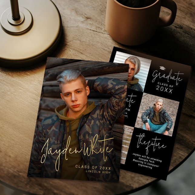 Gold Modern Script 4 Photo Graduation Announcement (Gold Modern Script 4 Photo Graduation Announcement)