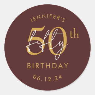 Gold Modern Script 50th Birthday Party Burgundy Classic Round Sticker