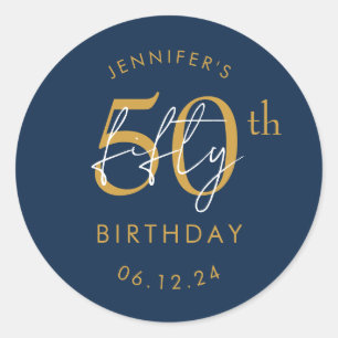 Gold Modern Script 50th Birthday Party Navy Classic Round Sticker