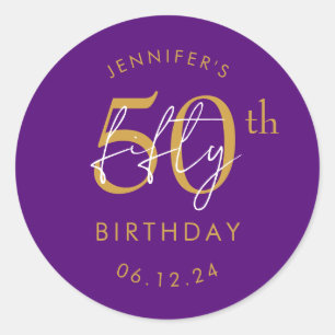 Gold Modern Script 50th Birthday Party Purple Classic Round Sticker