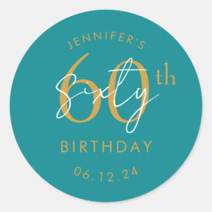 Gold Modern Script 60th Birthday Party Teal Classic Round Sticker