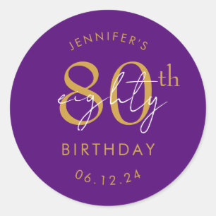 Gold Modern Script 80th Birthday Party Purple Classic Round Sticker