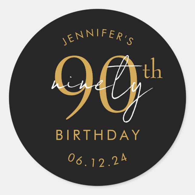 Gold Modern Script 90th Birthday Party Black Classic Round Sticker (Front)