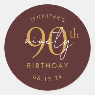 Gold Modern Script 90th Birthday Party Burgundy Classic Round Sticker