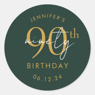 Gold Modern Script 90th Birthday Party Green Classic Round Sticker