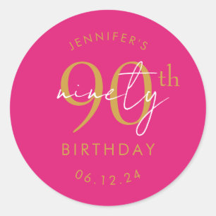 Gold Modern Script 90th Birthday Party Hot Pink Classic Round Sticker