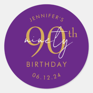Gold Modern Script 90th Birthday Party Purple Classic Round Sticker