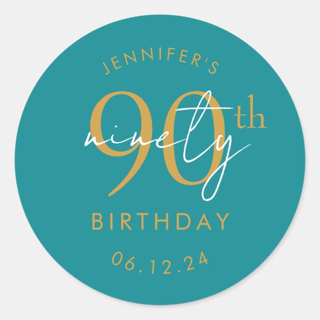Gold Modern Script 90th Birthday Party Turquoise  Classic Round Sticker (Front)