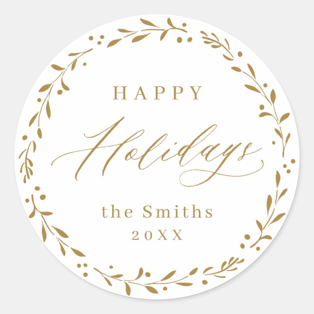 Gold Modern script Happy Holidays Gift Classic Round Sticker (Front)