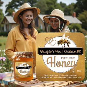 Gold Modern Script Honey with Honeybee Square Sticker