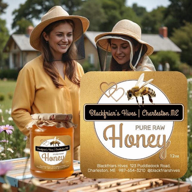 Gold Modern Script Honey with Honeybee Square Sticker (Creator Uploaded)