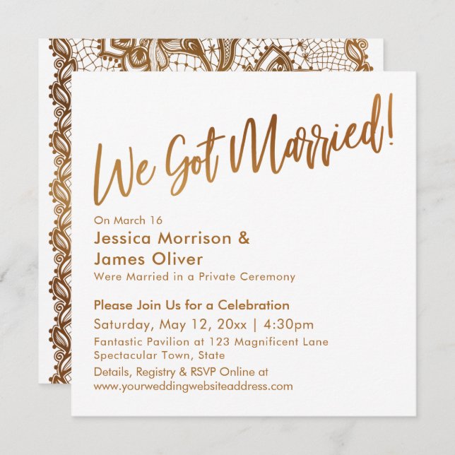 Gold Modern Script & Lace We Got Married! Invitation (Front/Back)