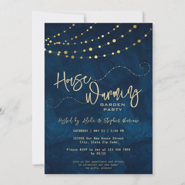 Gold Modern Script Light String Housewarming Party Invitation (Front)