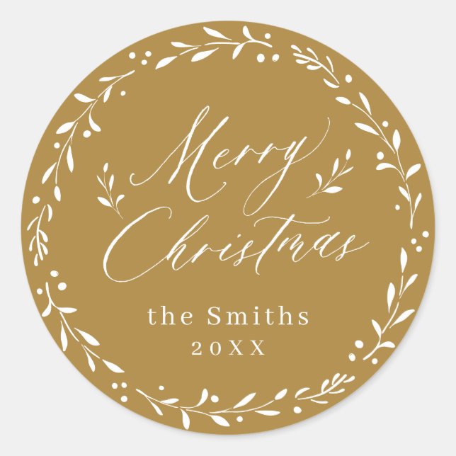 Gold Modern script Merry Christmas Holiday Gift Classic Round Sticker (Front)
