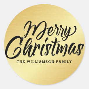 Gold Modern Script Merry Christmas Personalised Classic Round Sticker