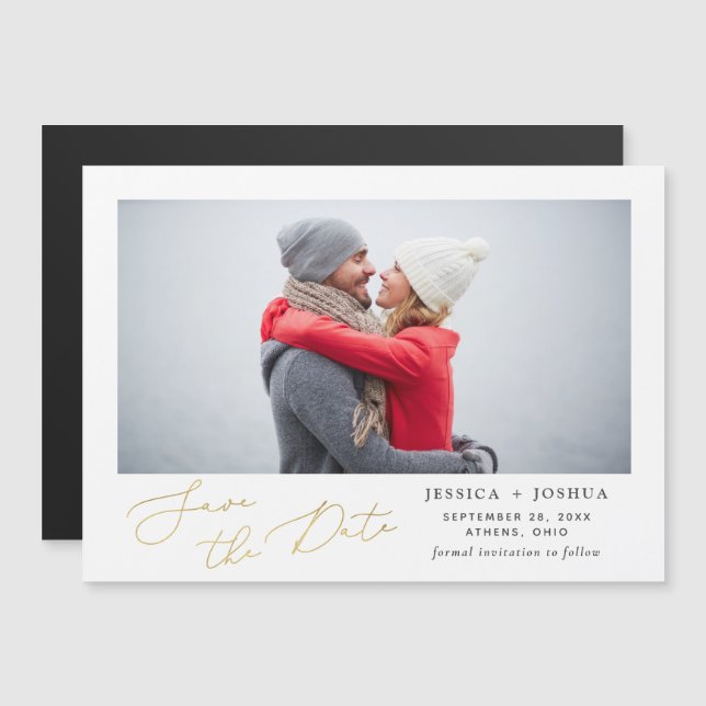 Gold Modern Script Photo Save the Date Magnet (Front/Back)