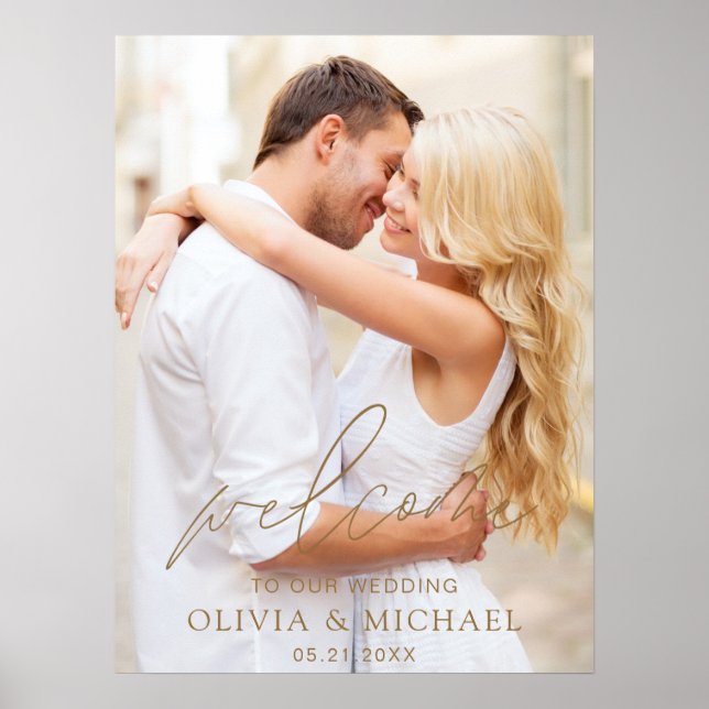 Gold Modern Script Photo Wedding Welcome Elegant F Poster (Front)