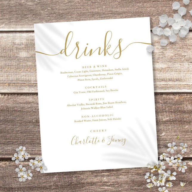 Gold Modern Script Wedding Drinks Menu (Gold Modern Script Wedding Drinks Menu Flyer)