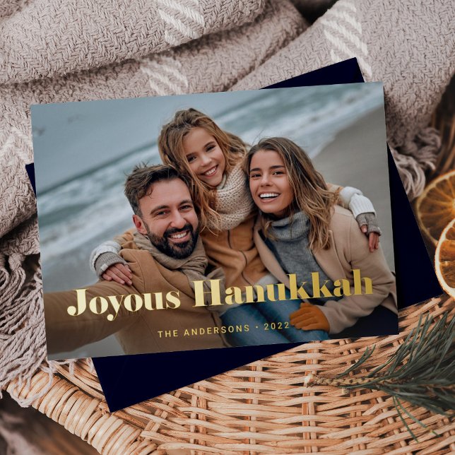 Gold Modern Text and Photo | Joyous Hanukkah Foil Holiday Card (Creator Uploaded)