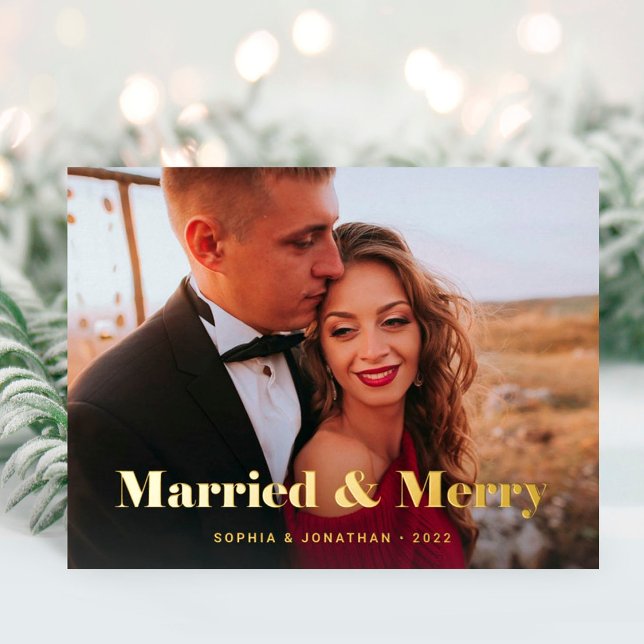 Gold Modern Text and Photo | Married and Merry Foil Holiday Postcard (Creator Uploaded)