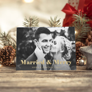 Gold Modern Text Two Photo   Married and Merry Holiday Card