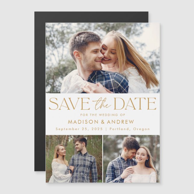 Gold | Modern Typography 3 Photo Save the Date Magnetic Invitation (Front/Back)
