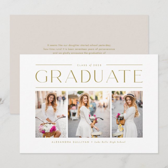 Gold Modern Typography Three Photo Graduation Announcement (Front/Back)
