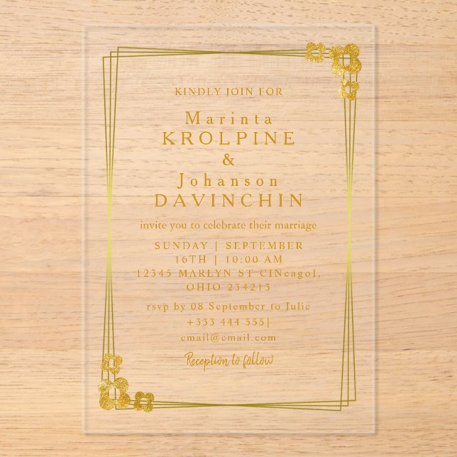 gold Modern Wedding  Acrylic Invitations (Front)