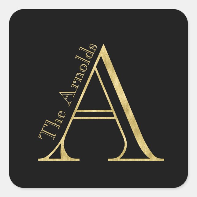 Gold Monogram A and Name on Any Colour Square Sticker (Front)