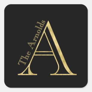 Gold Monogram A and Name on Any Colour Square Sticker