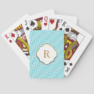 Gold Monogram Aqua & White Diagonal Retro Pattern Playing Cards