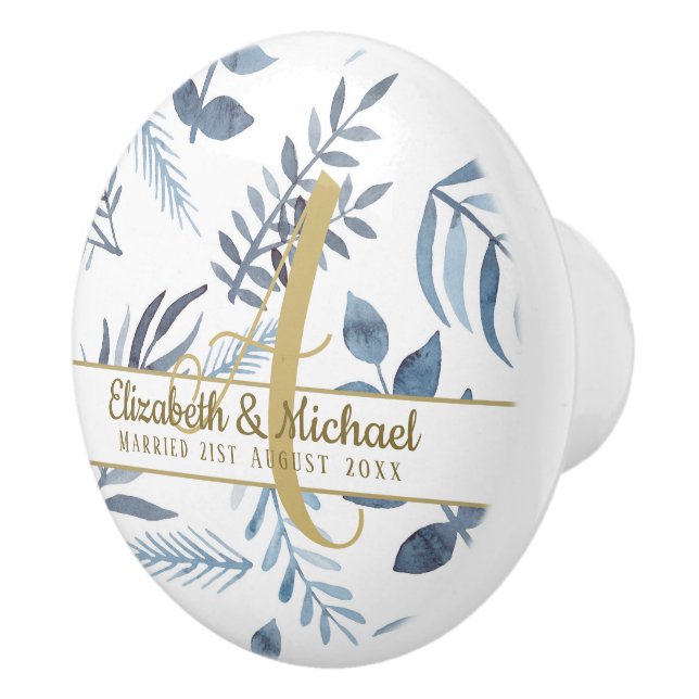Gold Monogram Azure Blue Botanical Leaves Wedding Ceramic Knob (Right)