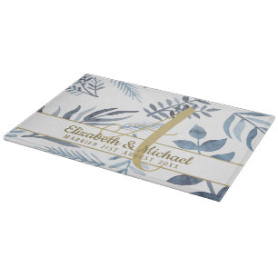 Gold Monogram Azure Blue Botanical Leaves Wedding Cutting Board