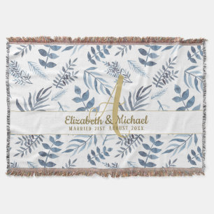 Gold Monogram Azure Blue Botanical Leaves Wedding Throw Blanket