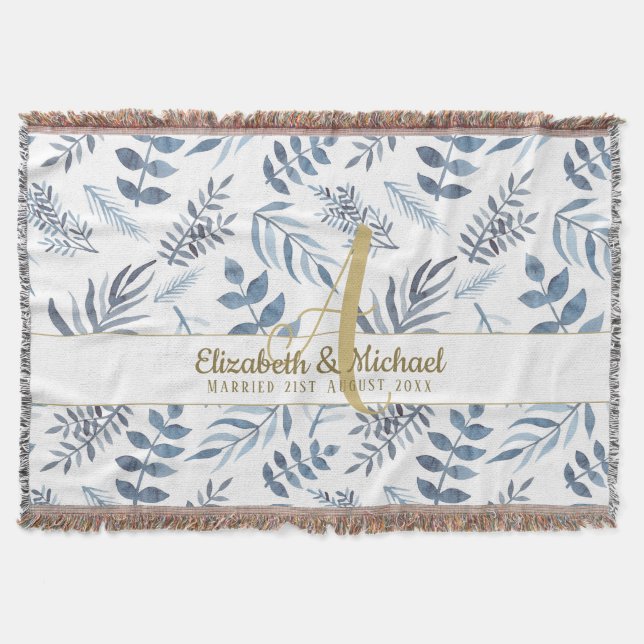 Gold Monogram Azure Blue Botanical Leaves Wedding Throw Blanket (Front)