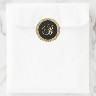 Gold monogram B Black-black, Classic Round Sticker