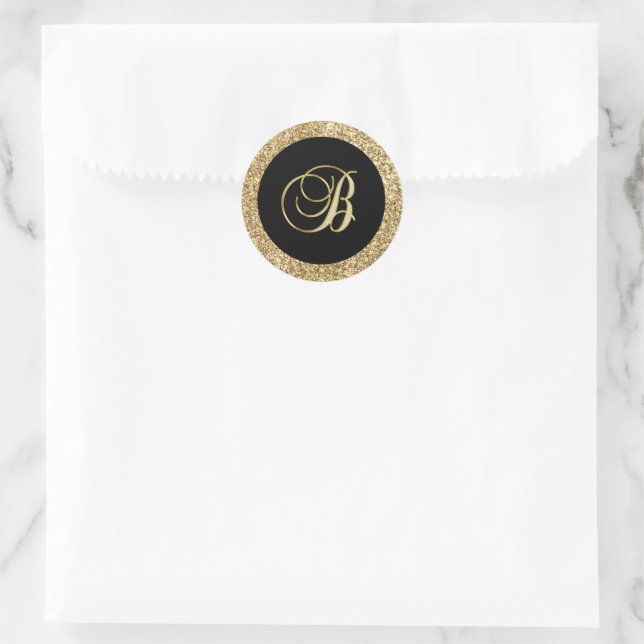 Gold monogram B Black-black, Classic Round Sticker (Bag)