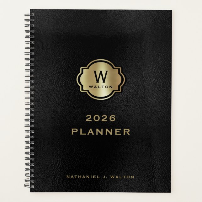 Gold Monogram Black Leather Look Planner (Front)