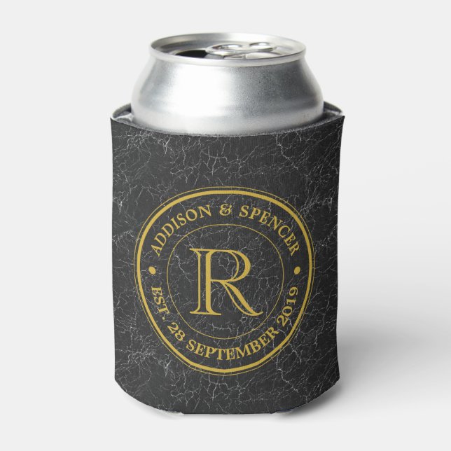 Gold Monogram Black Leather Wedding Anniversary Can Cooler (Can Front)
