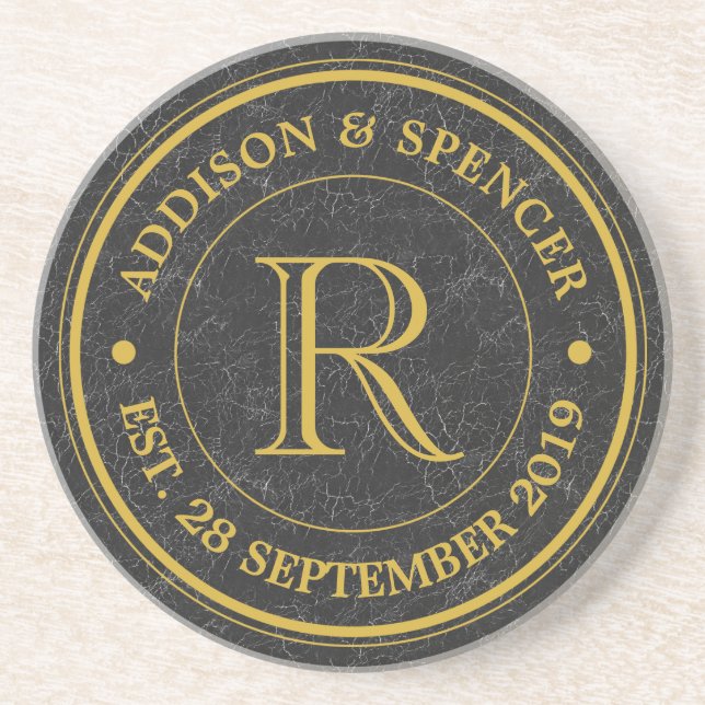 Gold Monogram Black Leather Wedding Anniversary Coaster (Front)